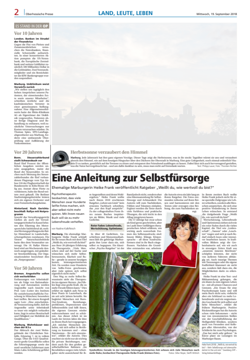 Oberhessische Presse 19.09.2018 | von Nadine Kalbfleisch: Eine Anleitung zur Selbstfürsorge / Ehemalige Marburgerin Heike Frank veröffentlicht Ratgeber „Weißt du, wie wertvoll du bist?“ Artikel über Heike Frank in der Oberhessischen Presse vom 19.09.2018