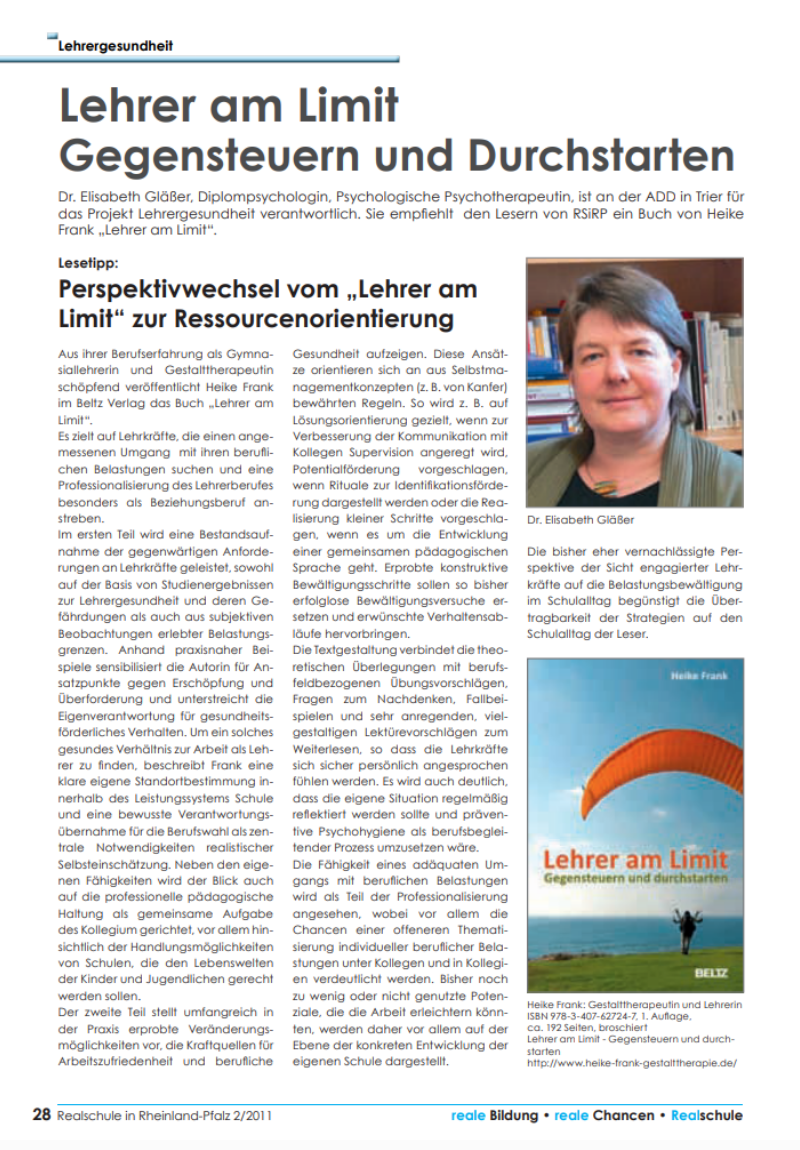 Fachzeitschrift "VDR - Realschule in Rheinland-Pfalz" 2/2011 Lehrergesundheit (Seite 28): Lehrer am Limit / Gegensteuern und Durchstarten Artikel über Heike Frank in der Fachzeitschrift "VDR - Realschule in Rheinland-Pfalz" 2/2011 Lehrergesundheit (Seite 28)