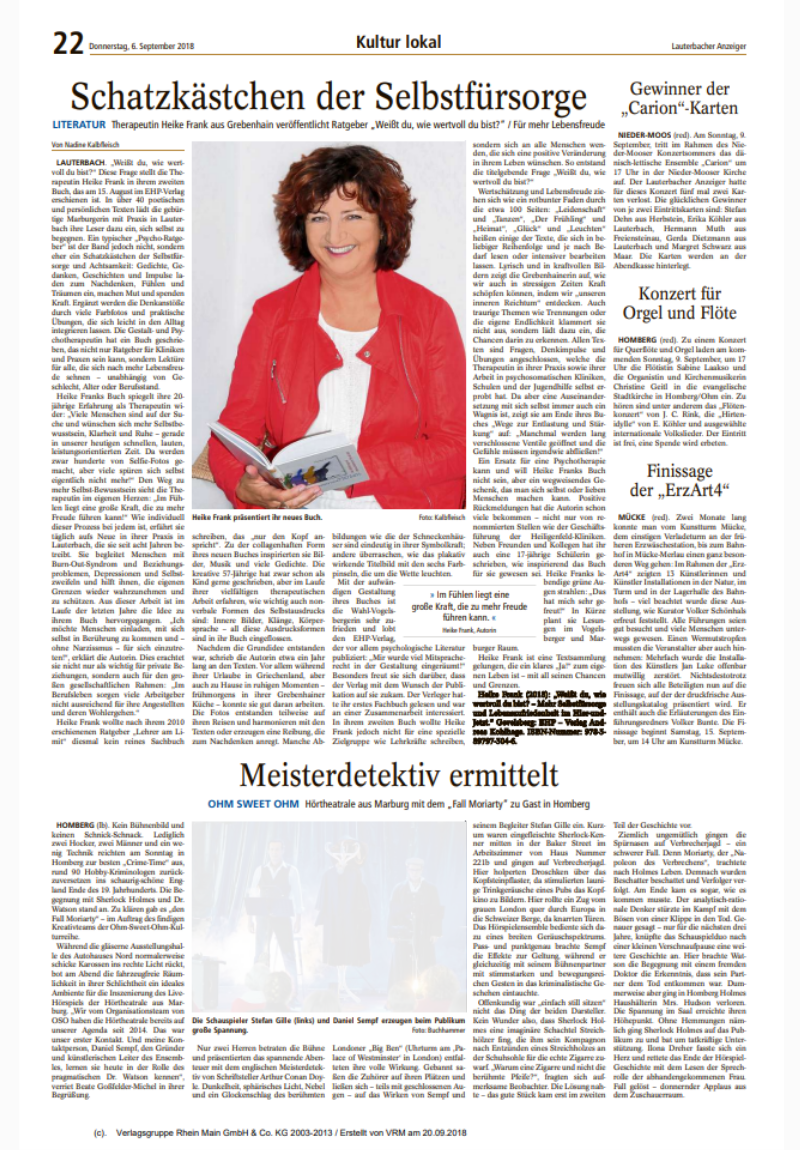 Lauterbacher Anzeiger 06.09.2018 | von Nadine Kalbfleisch: Schatzkästchen der Selbstfürsorge / Therapeutin Heike Frank stellt zweites Buch vor Artikel über Heike Frank im Lauterbacher Anzeiger 06.09.2018 | von Nadine Kalbfleisch: Schatzkästchen der Selbstfürsorge / Therapeutin Heike Frank stellt zweites Buch vor